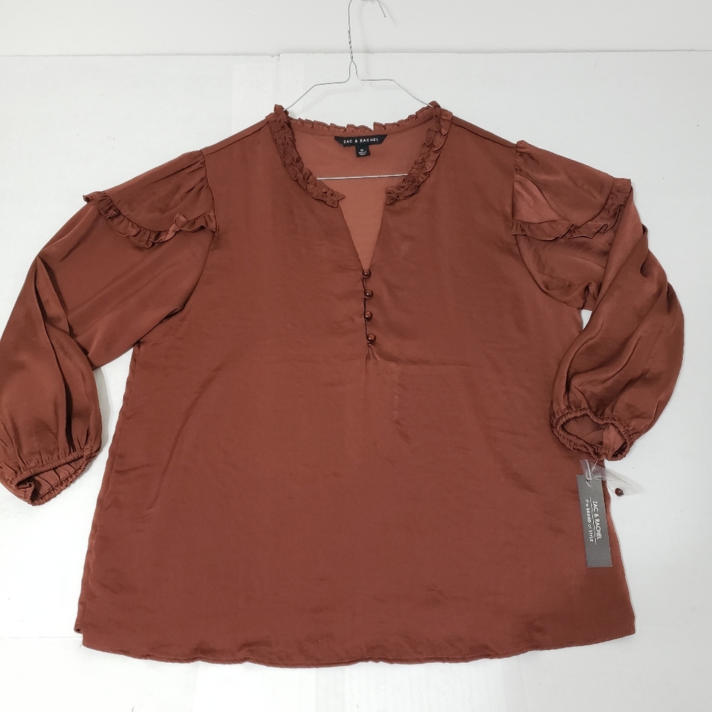 Zac & Rachel V-Neck Shoulder Ruffle Shirt Blouse Women's xl brown polyester nwt